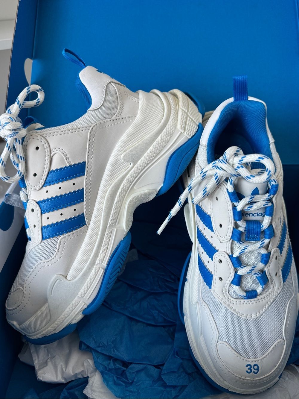 Balenciaga White and Bright Blue Retro Runner Sneakers